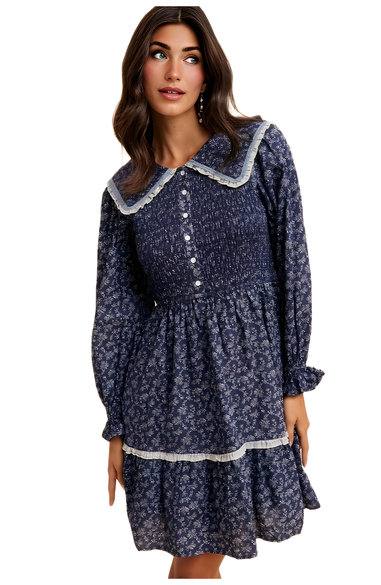 Knit and Lounge Floral Shirred Contrast Collar Mini Dress, Alternate, color, 