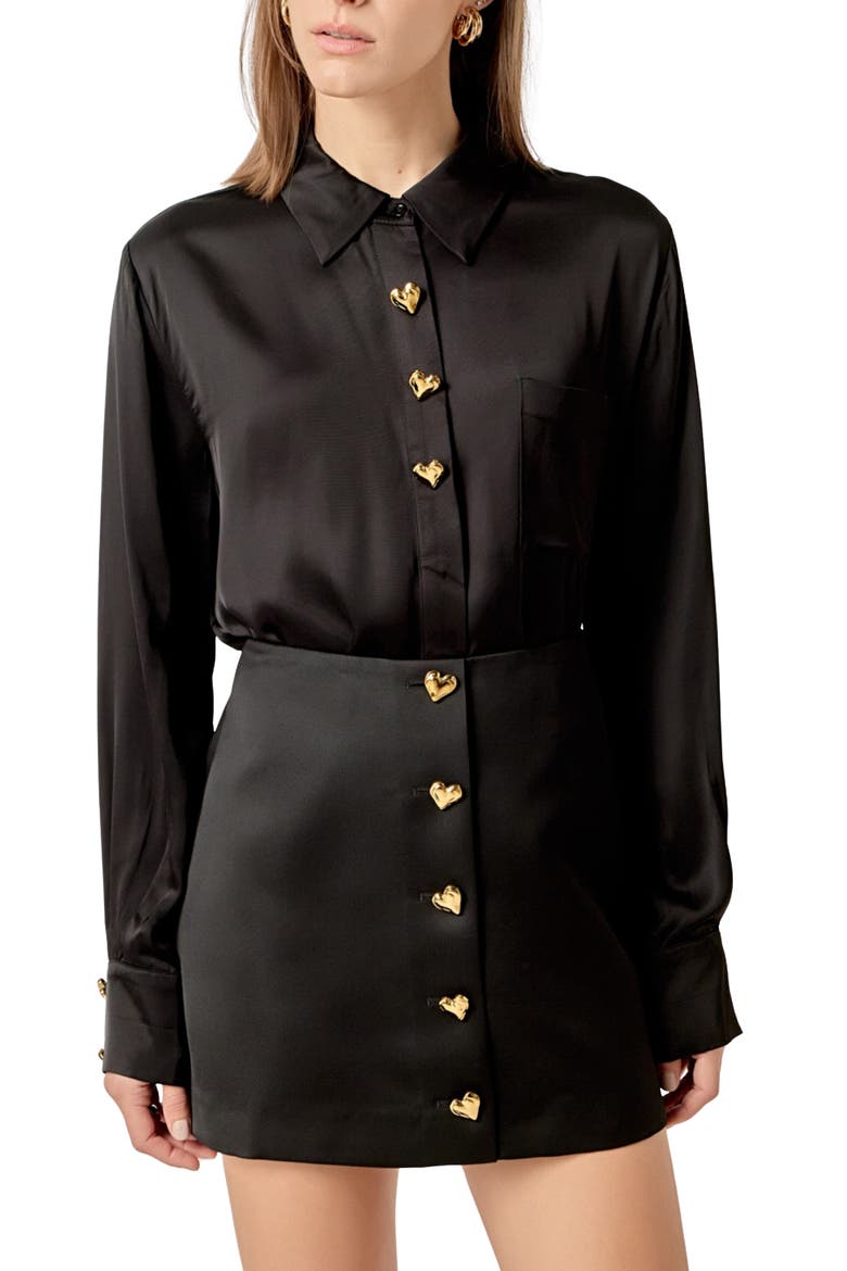 Heart Button Up Satin Shirt, Main, color, BLACK