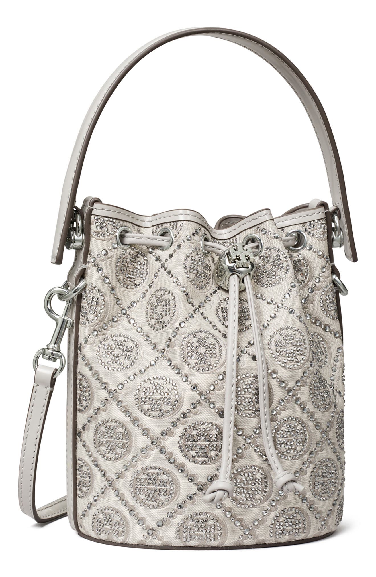 Tory Burch Crystal Detail Monogram Mini Bucket Bag, Alternate, color, 
