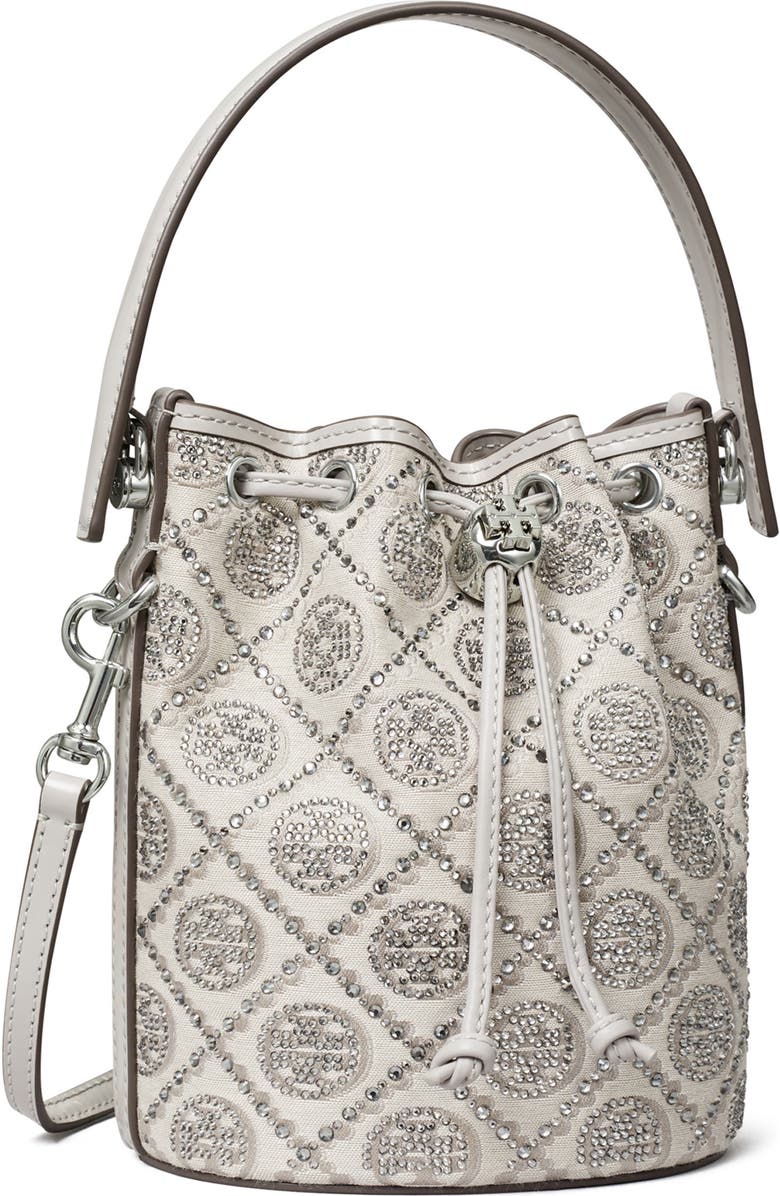 Tory Burch Crystal Detail Monogram Mini Bucket Bag, Alternate, color,