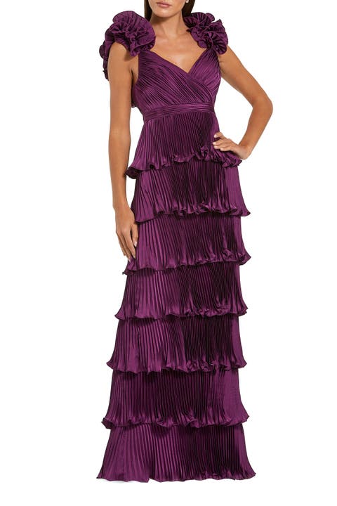 Pleated Charmeuse Tiered Gown With Ruffle Straps