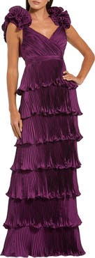Mac Duggal Pleated Charmeuse Tiered Gown With Ruffle Straps