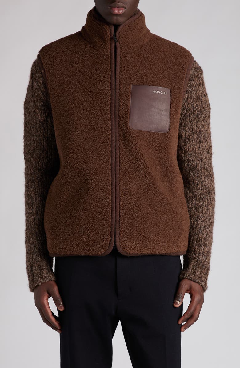 Moncler Leather Pocket Fleece Vest, Main, color, Dark Chocolate