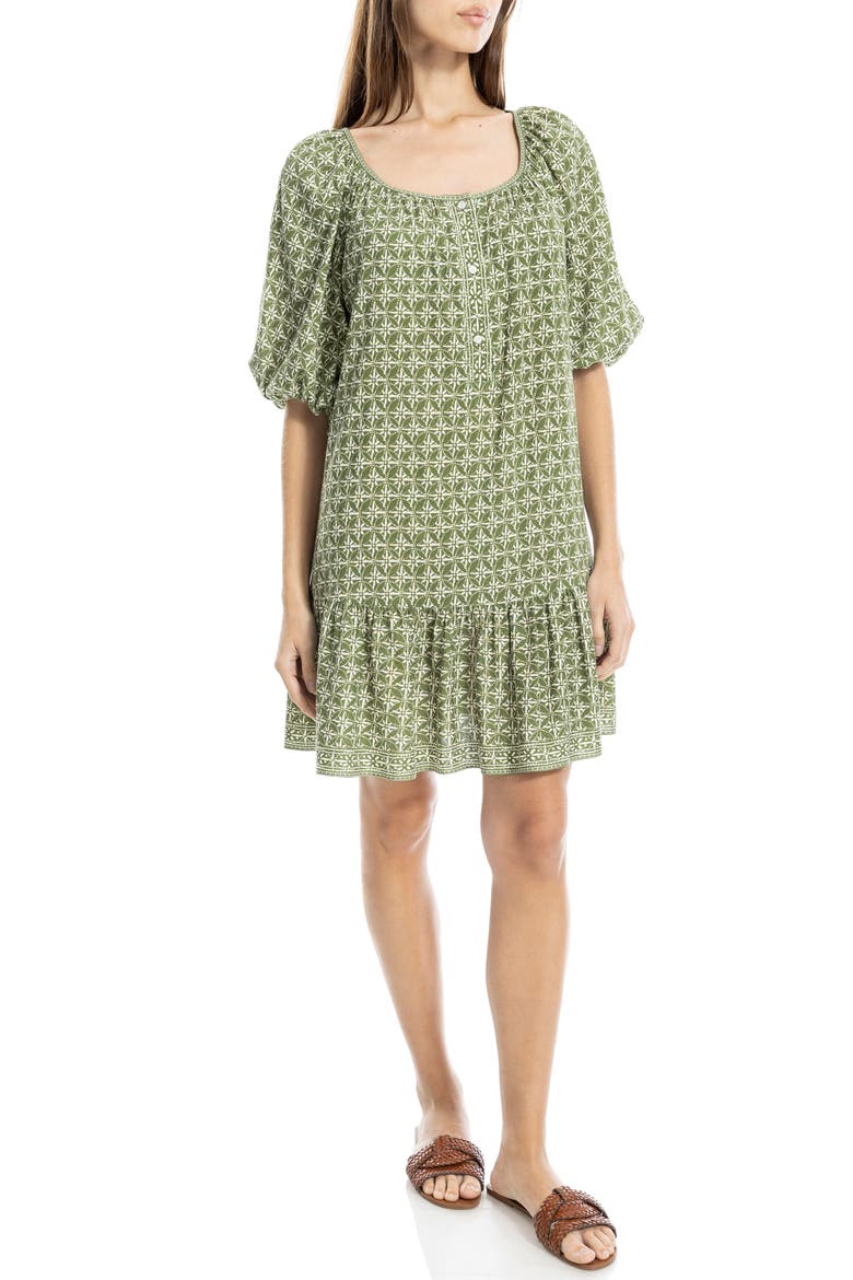 Puff Sleeve Tunic Dress, Alternate, color, IVY BATIK DA-IVORY BATIK DAISY