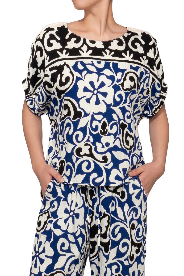 Floral Print Short Sleeve Top, Main, color, BLUE BLACK MULTI