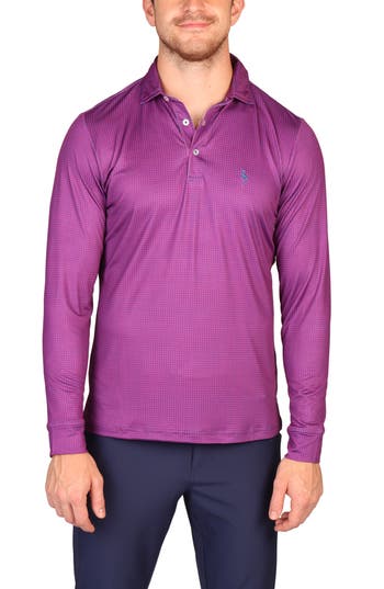 Tailorbyrd Mini Houndstooth Print Long Sleeve Performance Polo In Purple