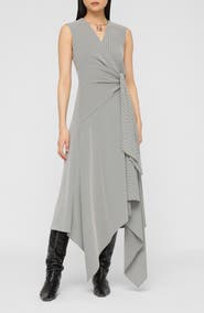 Lafayette 148 New York Fluid Houndstooth Jacquard Side Tie Handkerchief Midi Dress