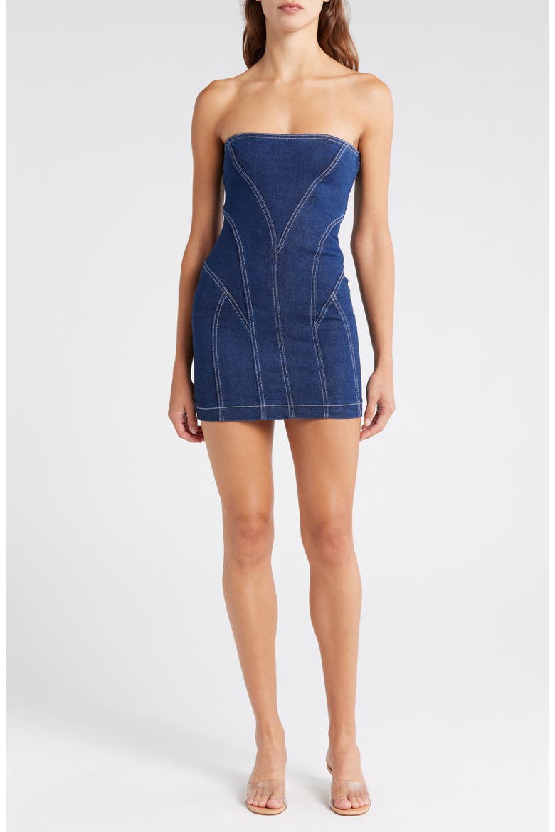 Strapless Denim Minidress, Main, color, DARK BLUE
