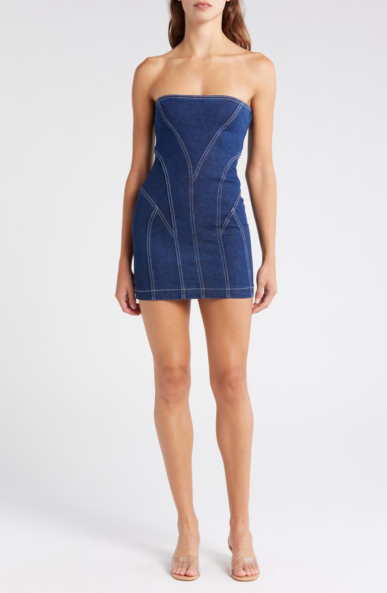 Mistress Rocks Strapless Denim Minidress, Main, color, Dark Blue