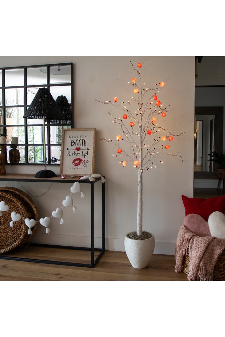 6-ft Pre-Lit Artificial Valentine's Day Twig Tree with 96 Heart Shaped LED Lights and Red Berries, Alternate, color, White
