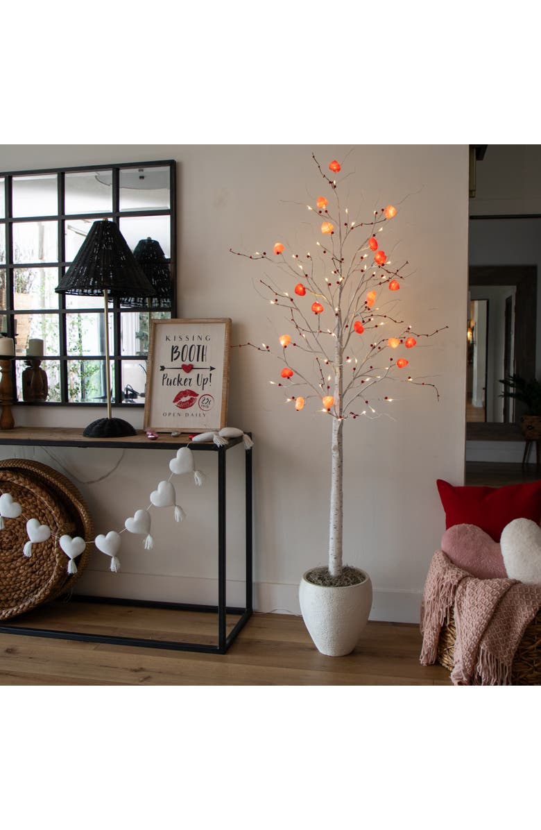 NEARLY NATURAL 6-ft Pre-Lit Artificial Valentine's Day Twig Tree with 96 Heart Shaped LED Lights and Red Berries, Alternate, color, White