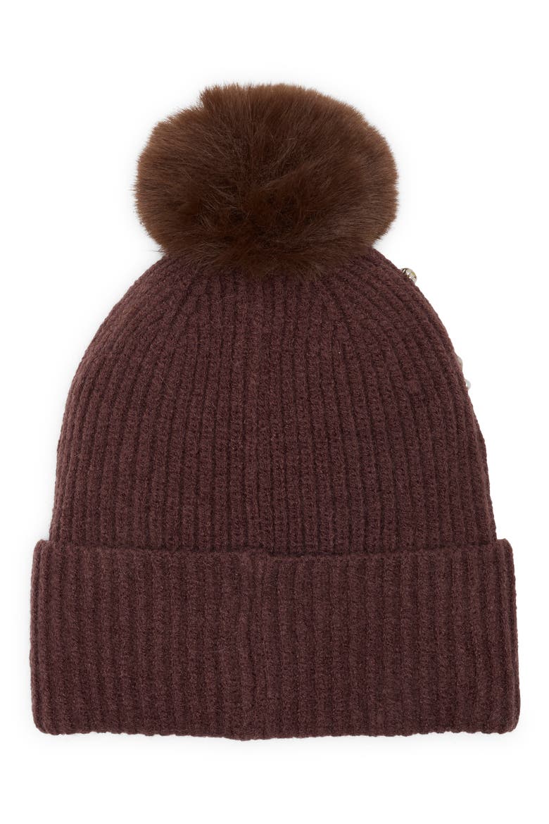 Studded Beanie with Faux Fur Pom, Main, color, BROWN