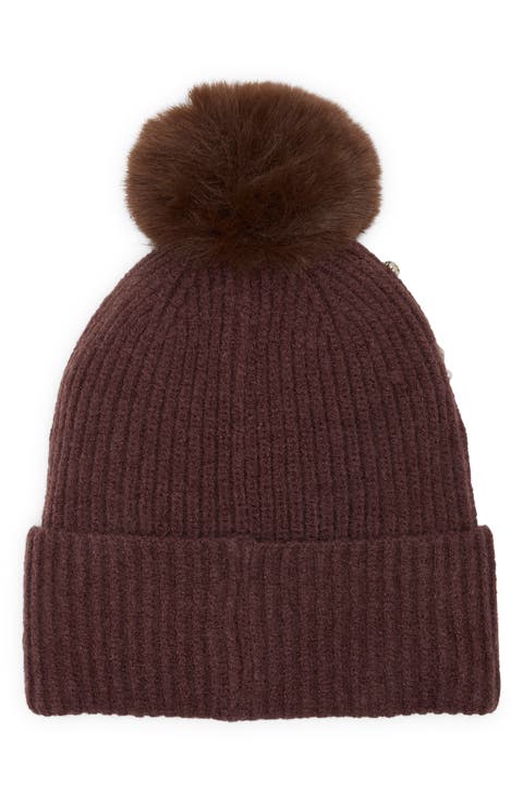 Studded Beanie with Faux Fur Pom