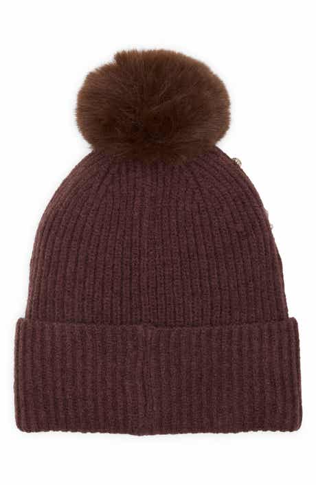 Studded Beanie with Faux Fur Pom