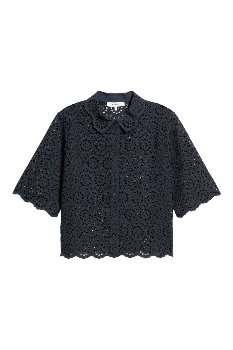 The Petal Eyelet Crop Shirt, Alternate, color, NAVY