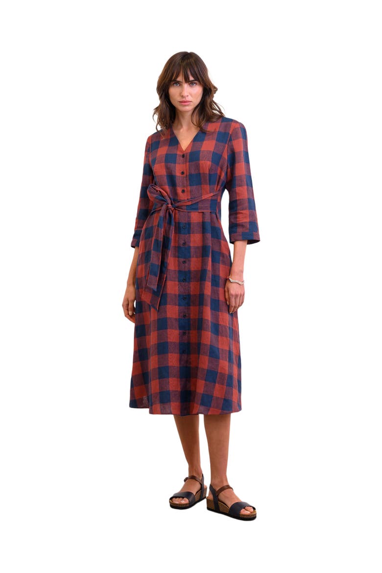 Check Tie Front Midi Shirt Dress, Main, color, RUST / NAVY CHECK