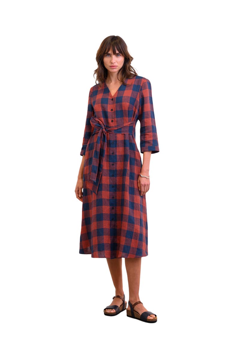 Celtic & Co. Check Tie Front Midi Shirt Dress, Main, color, Rust / Navy Check