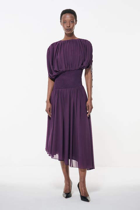 Smocked Waist Ruched Sleeve Dress