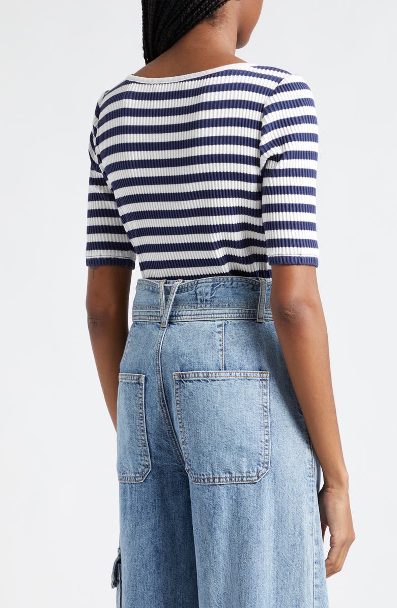 Veronica Beard Anafi Stripe Rib Stretch Cotton Top, Alternate, color, Off White Marine