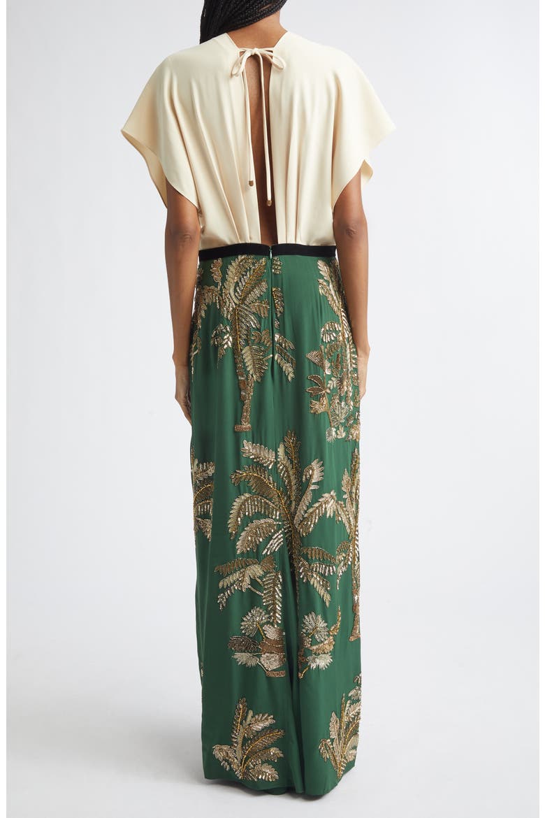 Night Steps Plunge Neck Silk Blend Maxi Dress, Alternate, color, ECRU / GREEN