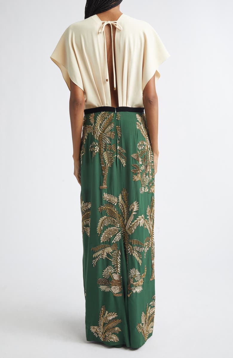 Johanna Ortiz Night Steps Plunge Neck Silk Blend Maxi Dress, Alternate, color, Ecru / Green