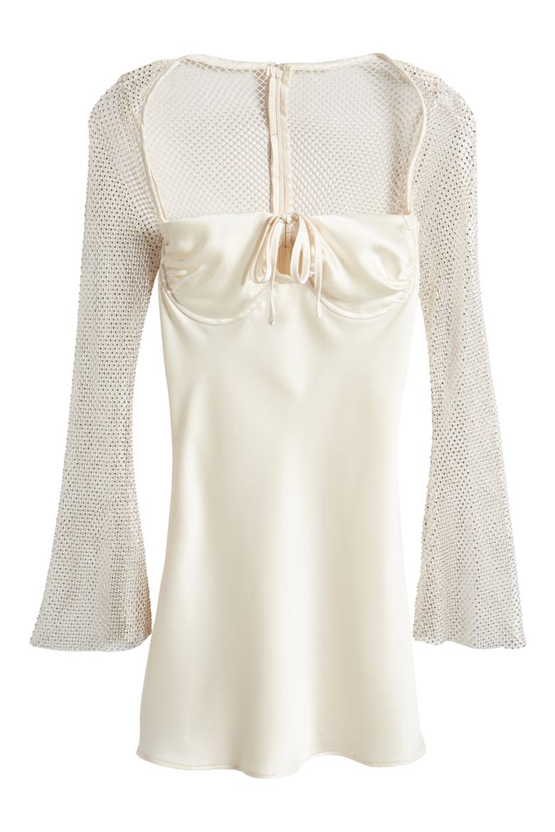 Diamante Long Sleeve Satin & Mesh Cocktail Minidress, Alternate, color, CREAM