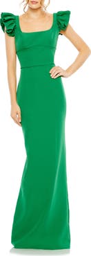 Mac Duggal Ruffle Cap Sleeve Open Back Column Gown
