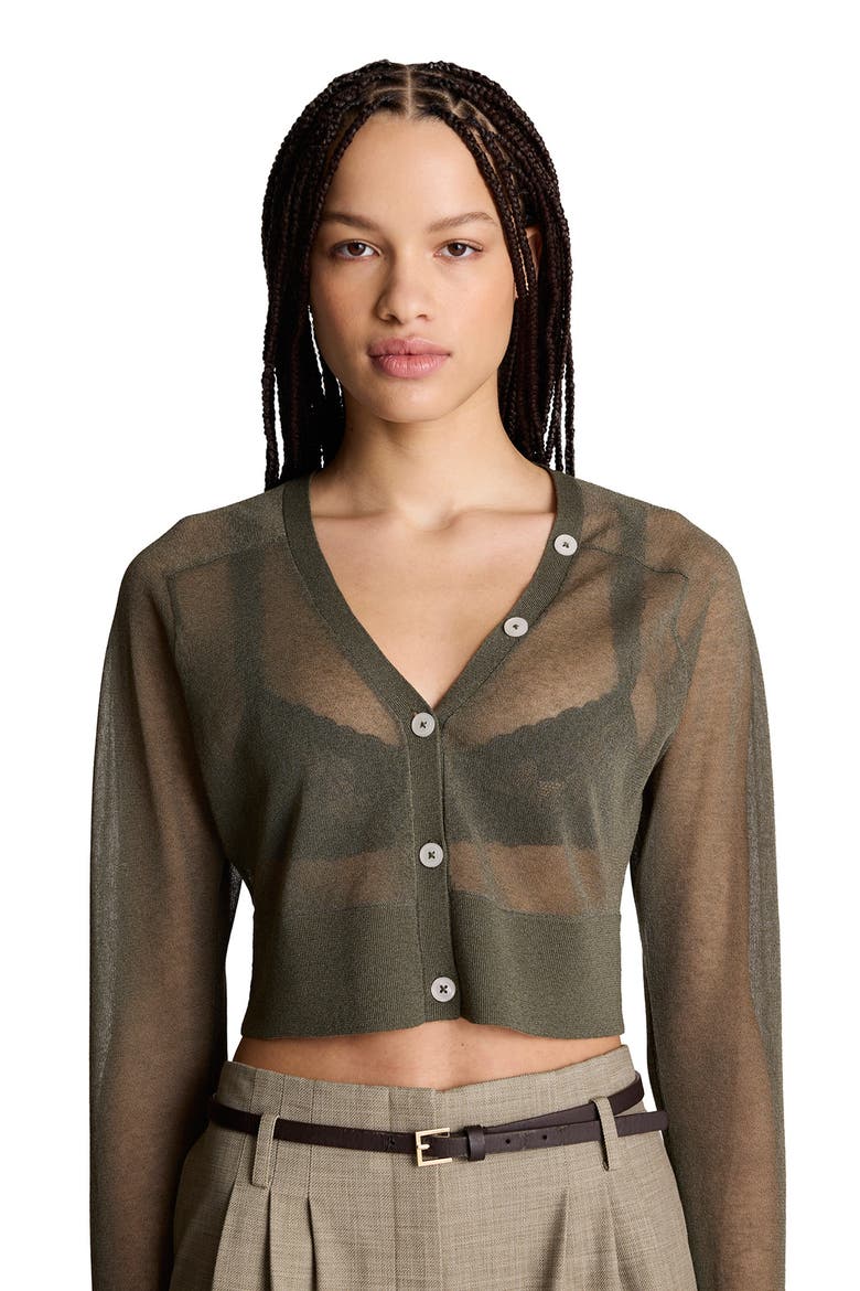 Sheer Cropped Cardigan, Alternate, color, TURTLE GREEN