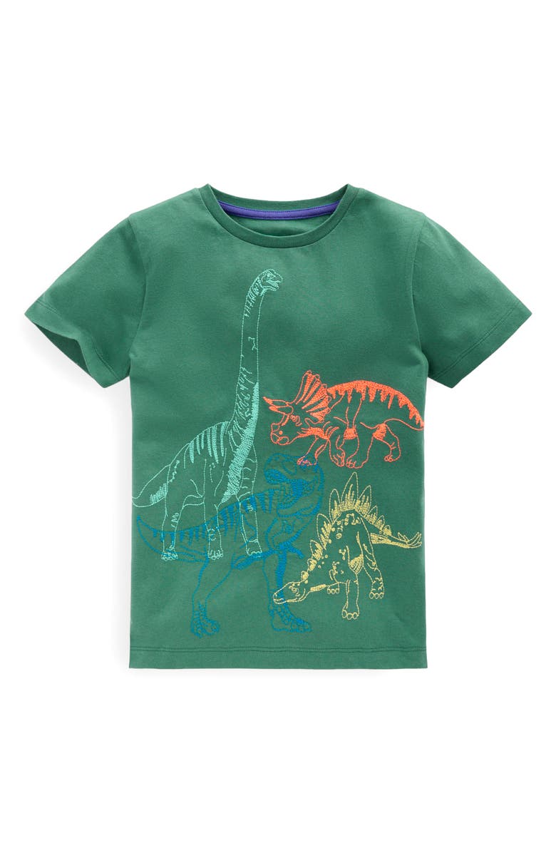 Mini Boden Kids' Dinosaur Embroidered Cotton Graphic T-Shirt, Main, color, Blue Spruce Dino
