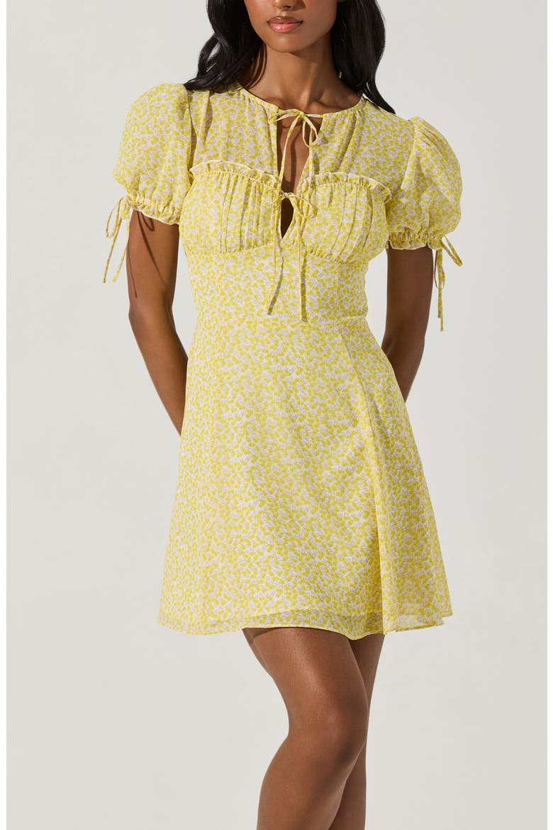 Print Puff Sleeve Tie Front Dress, Alternate, color, YELLOW DITSY FLORAL