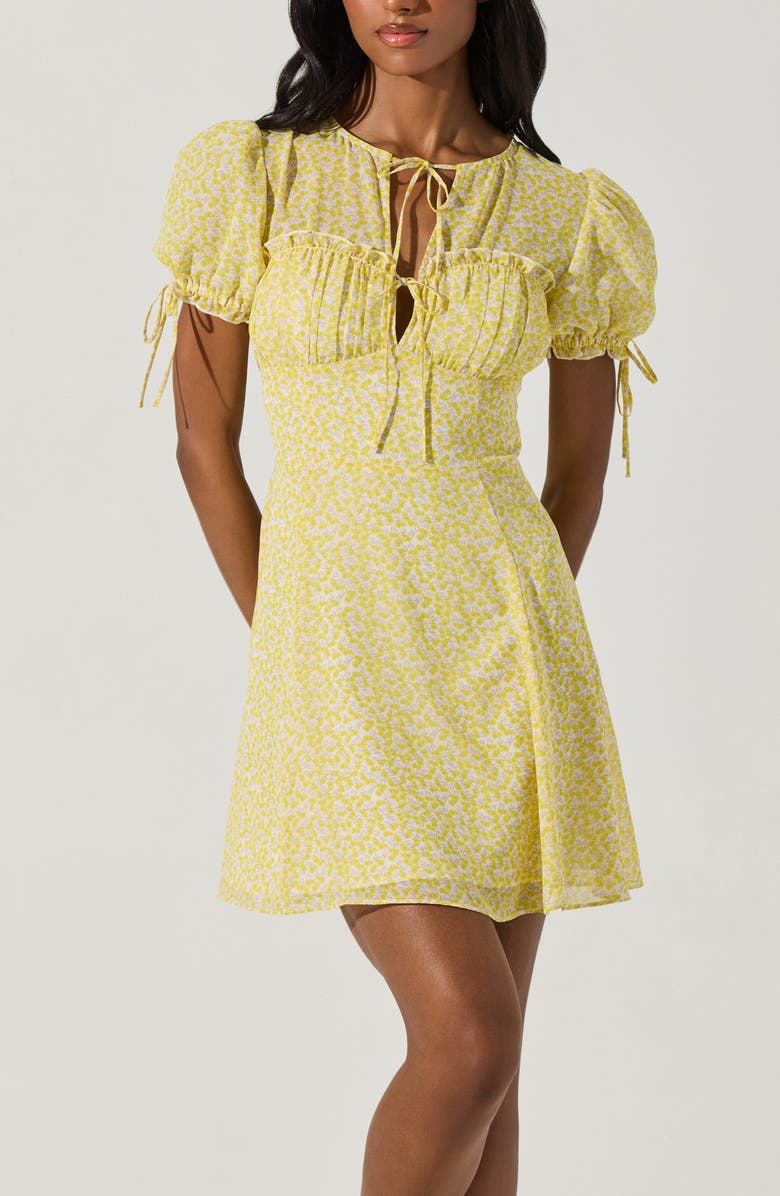 ASTR the Label Print Puff Sleeve Tie Front Dress, Alternate, color, Yellow Ditsy Floral
