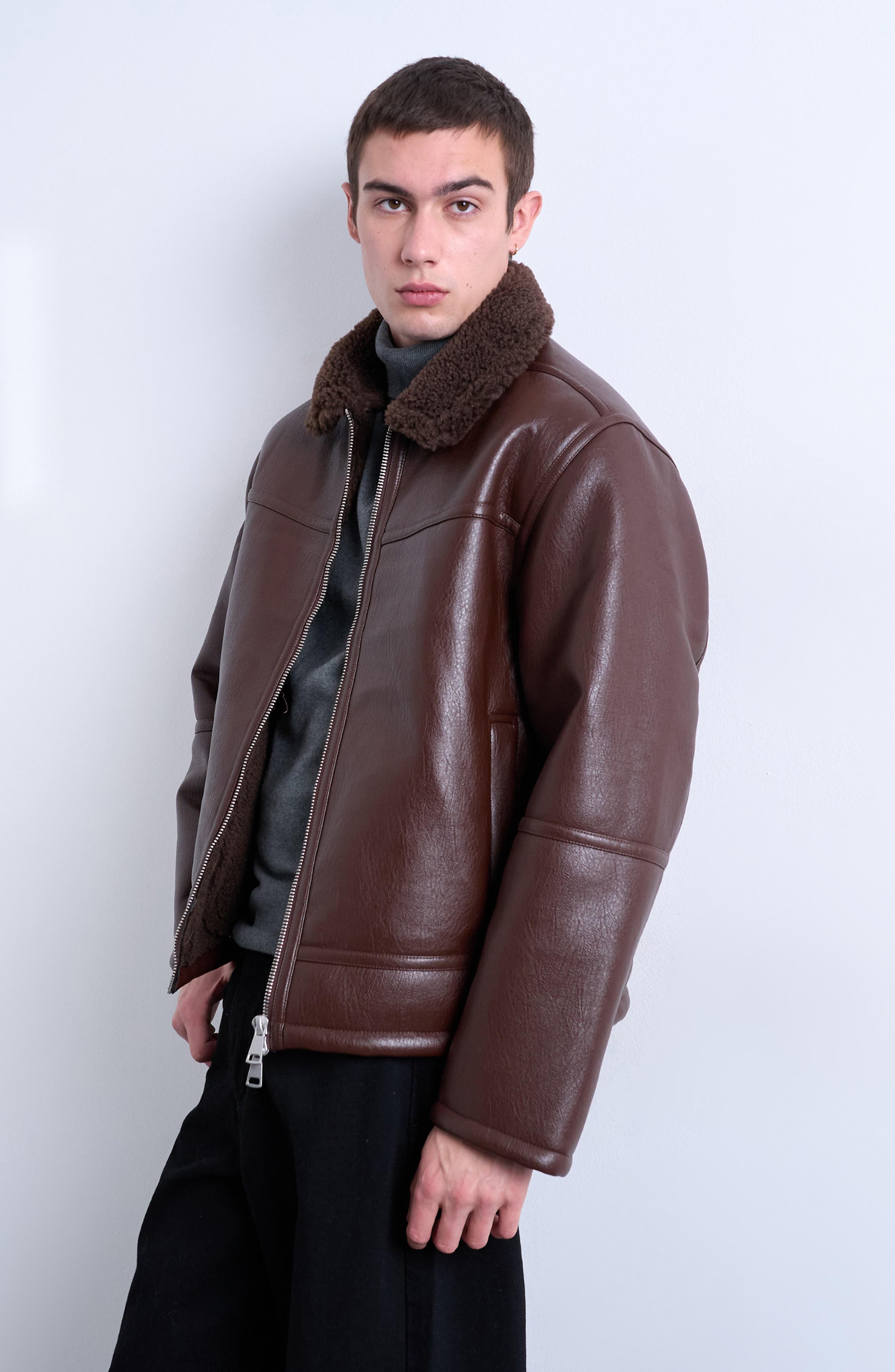 Faux Shearling & Faux Leather Bomber Jacket