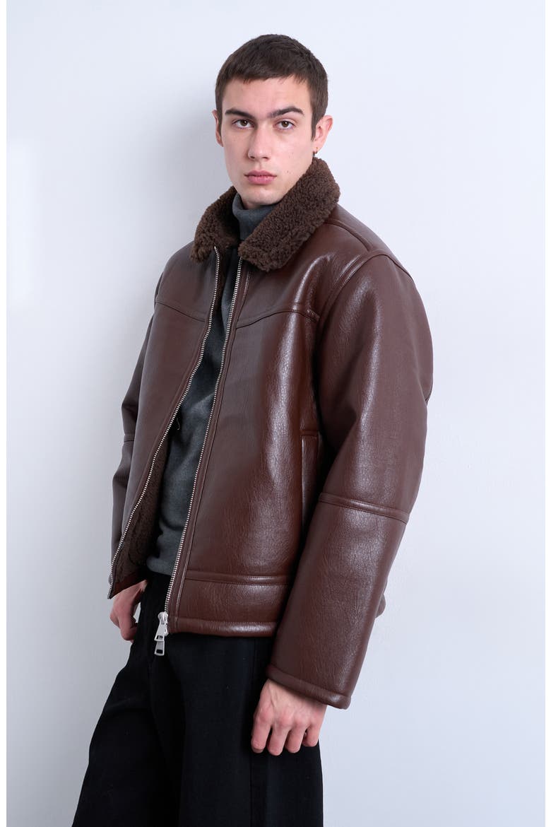 Faux Shearling & Faux Leather Bomber Jacket, Main, color, BROWN