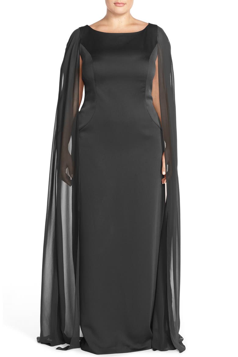 Satin Column Gown with Chiffon Cape, Main, color, BLACK