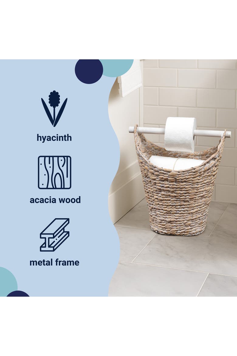 Talia Classic Coastal Hand-Woven Water Hyacinth Toilet Paper Basket with Wood Bar, Alternate, color, White Wash