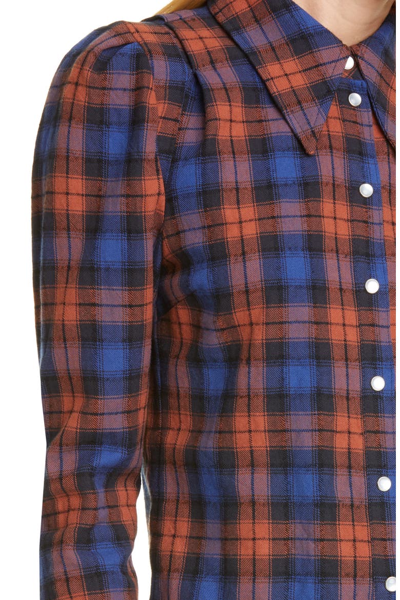 Puff Sleeve Plaid Flannel Shirt, Alternate, color, NAVY/ RUST PLAID