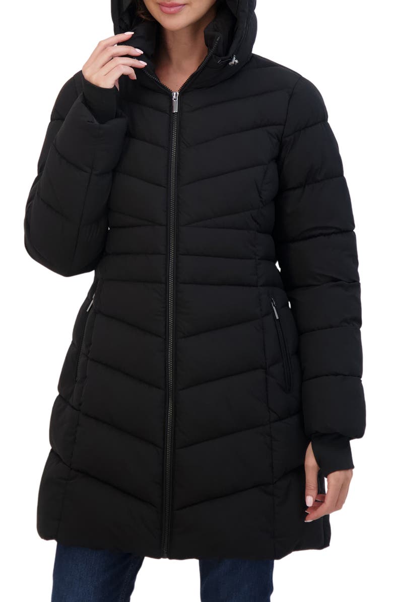 Sebby Water Resistant Hooded Long Puffer Jacket, Main, color, Black