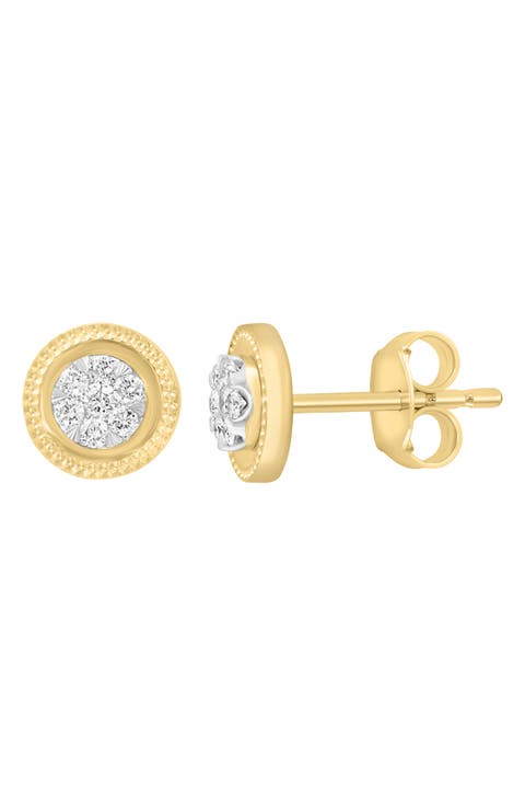 14K Gold Plated Sterling Silver Pavé Diamond Button Stud Earrings