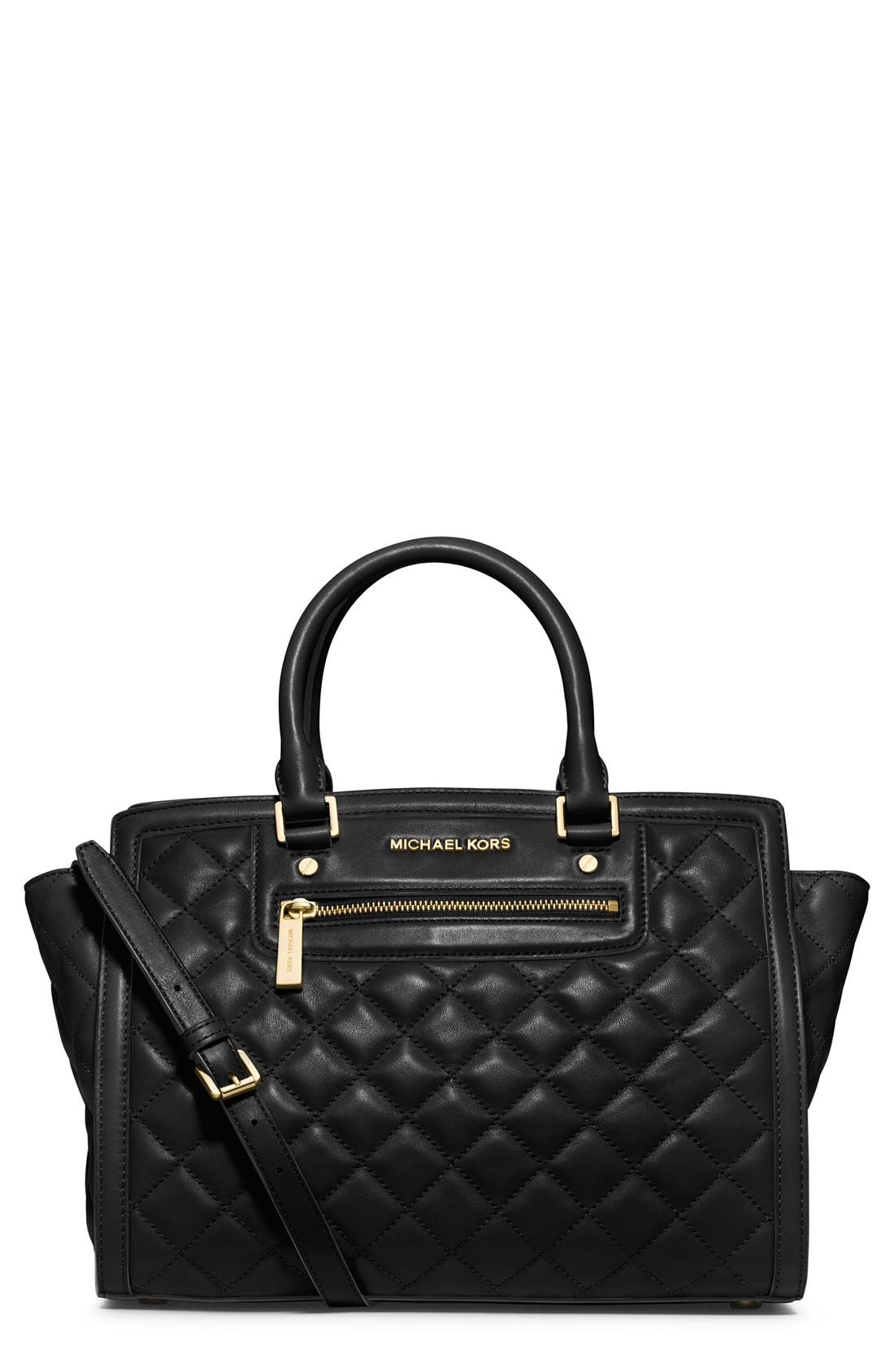 'Large Selma' Quilted Leather Satchel, Main, color, BLACK