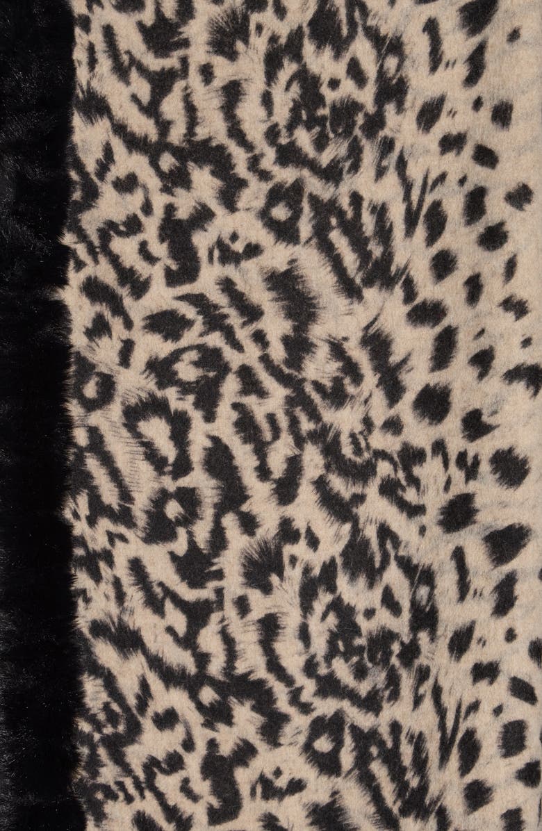 La Fiorentina Faux Fur Trim Animal Print Wrap Scarf, Alternate, color, Black
