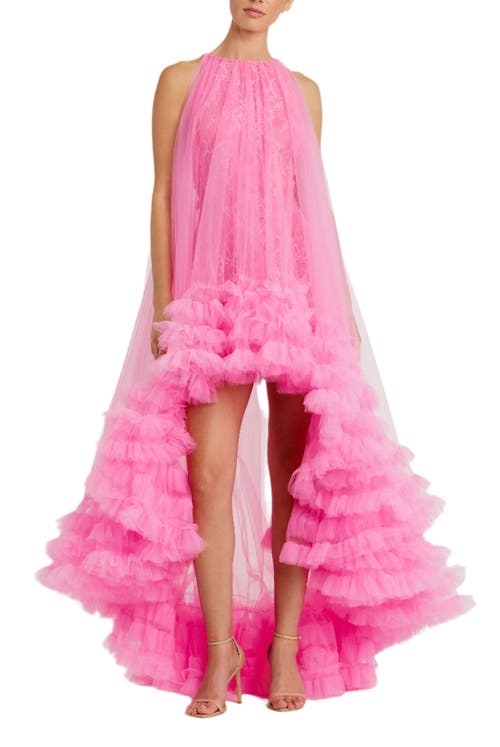 Mac Duggal Tulle High Neck Sleeveless Ruffled Hem Hi-lo Gown In Hot Pink
