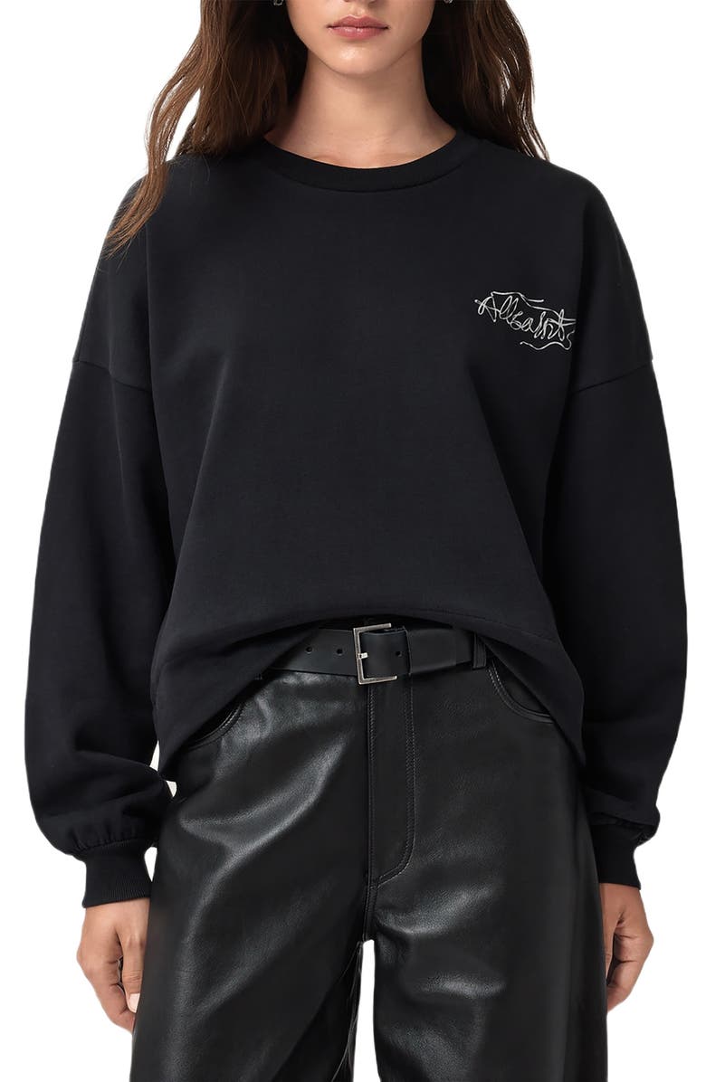 AllSaints Reel Lila Logo Cotton Graphic Sweatshirt, Main, color, Washed Black