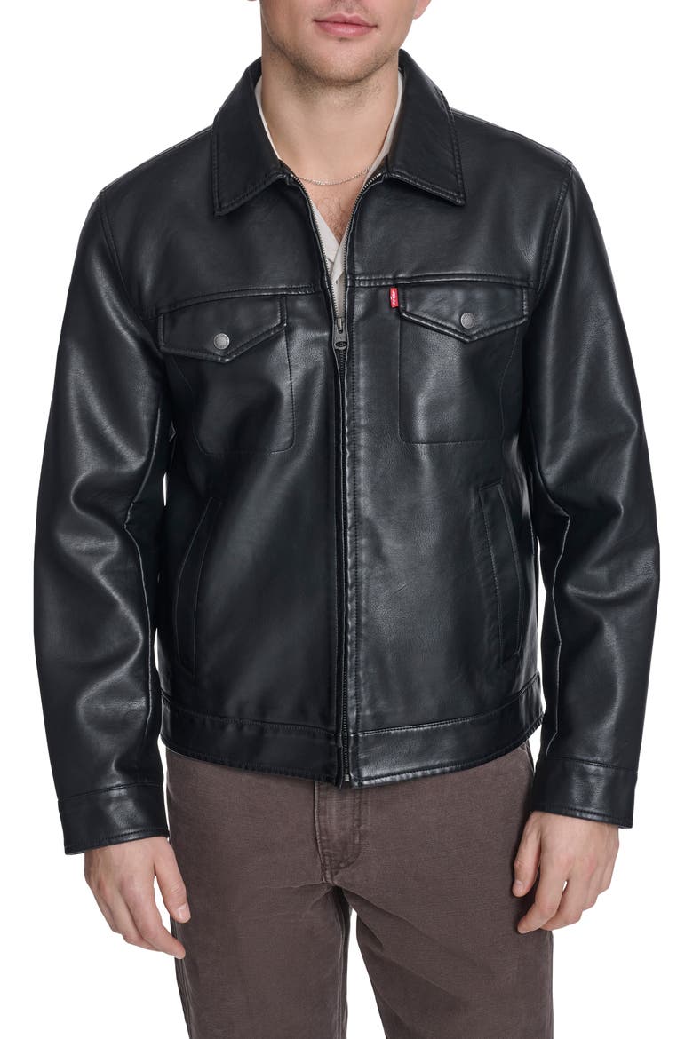 Faux Leather Trucker Jacket, Main, color, BLACK