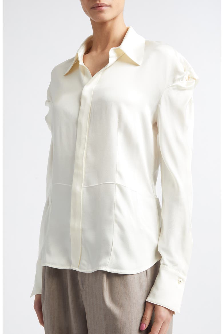 Twisted Shoulder Satin Button-Up Shirt, Alternate, color, IVORY