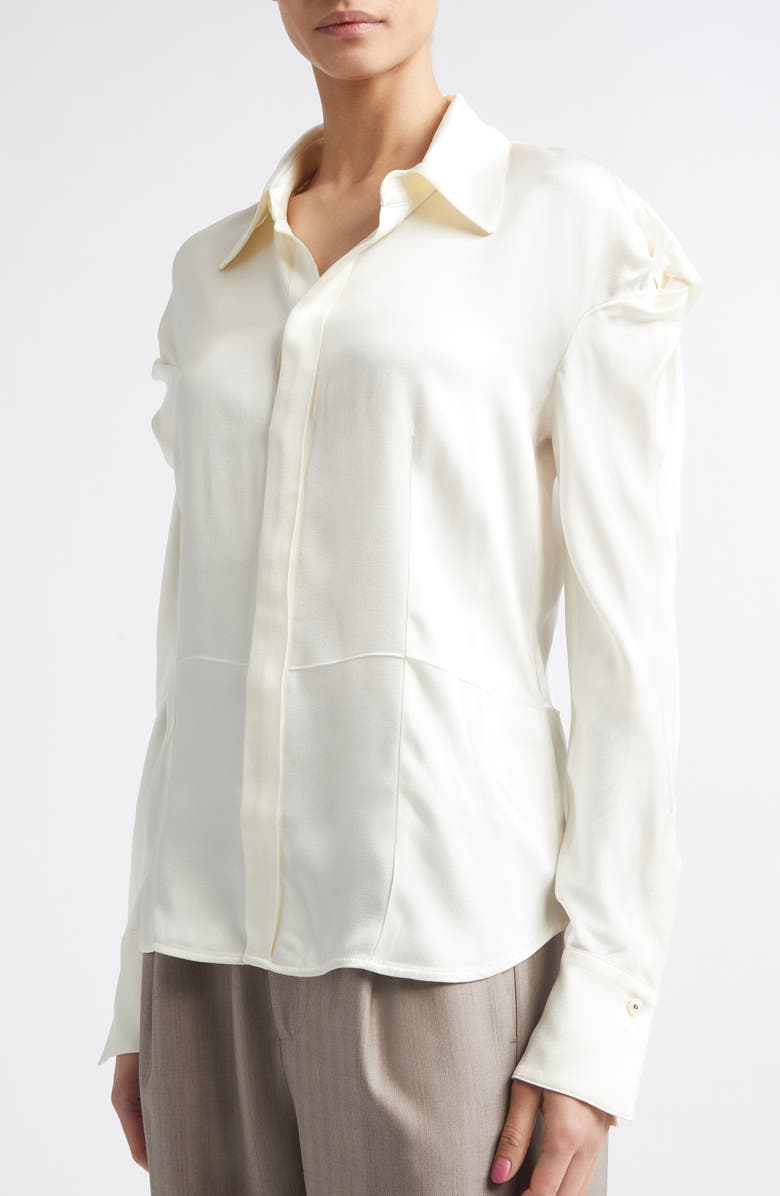 Victoria Beckham Twisted Shoulder Satin Button-Up Shirt, Alternate, color, Ivory