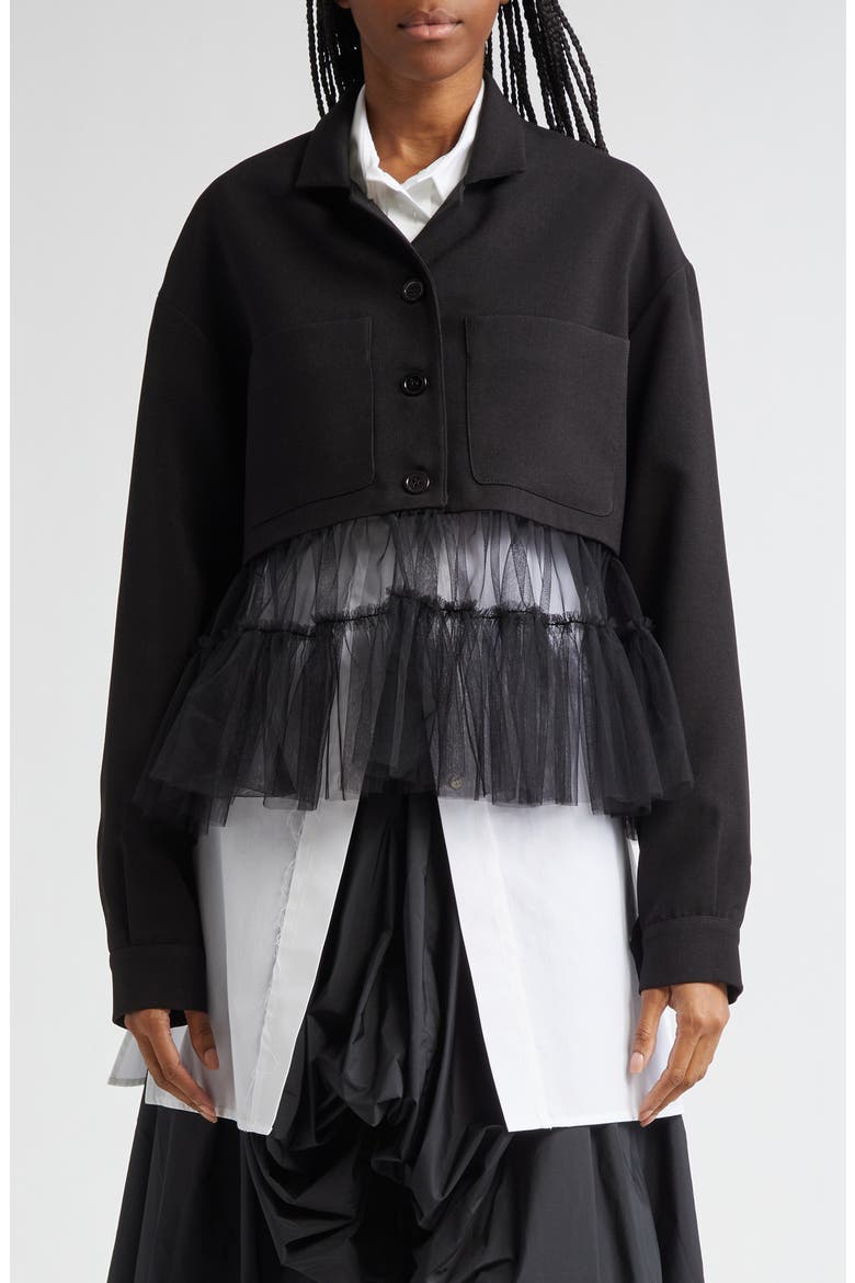 Kiri Tulle Hem Trucker Jacket, Main, color, BLACK