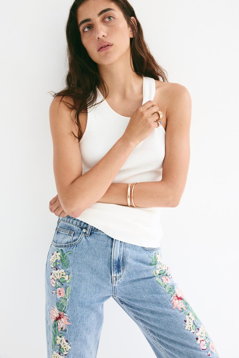 Straight Regular-Waist Jeans, Main, color, Denim blue/floral