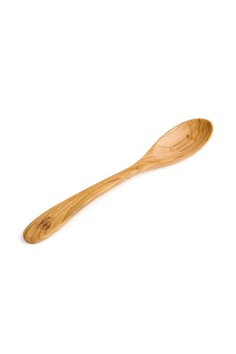 Handcrafted Olive Wood 12 Inch Slotted Spoon, Main, color, Brown