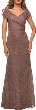 La Femme Lace Off The Shoulder Cap Sleeve Evening Dress