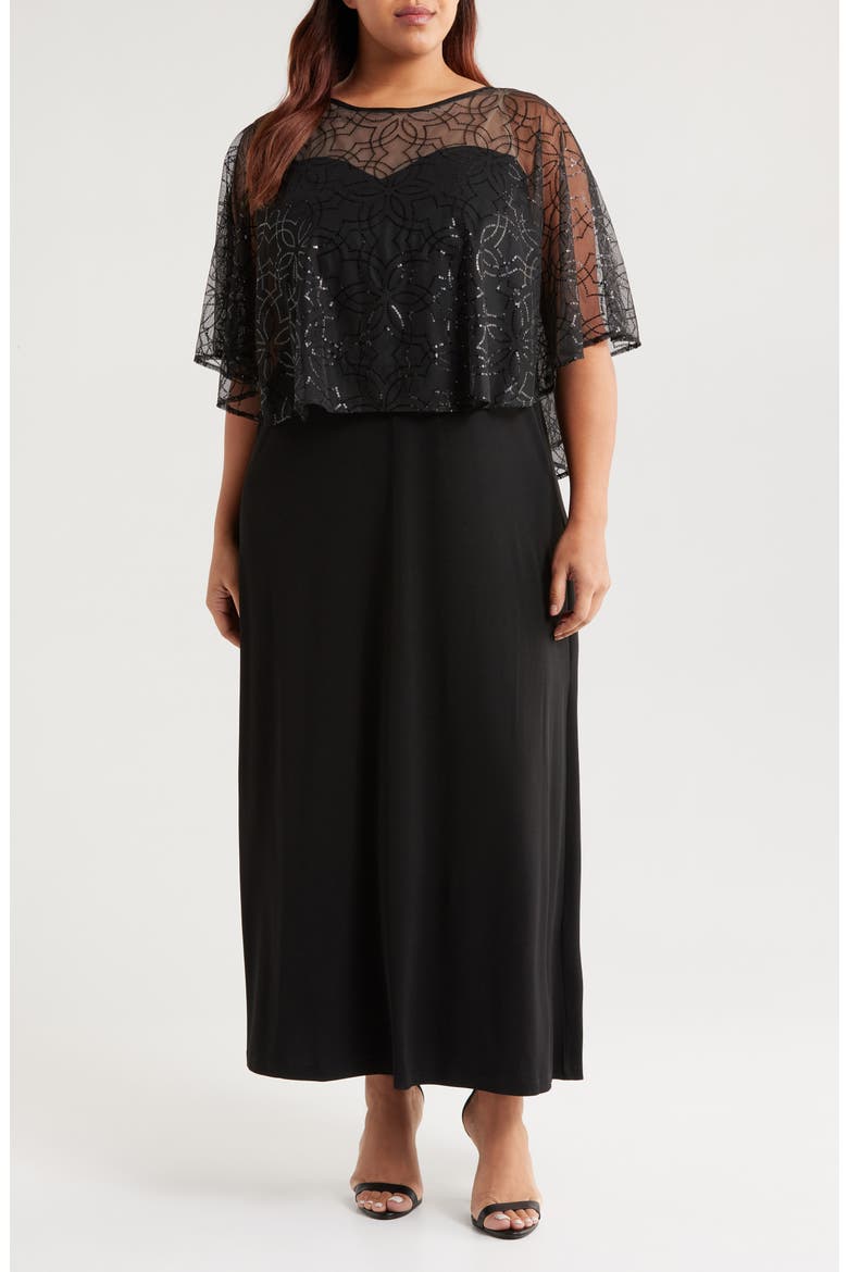 Sequin Cape Gown, Main, color, BLACK